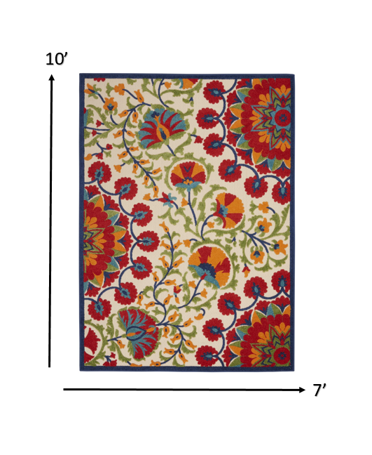 7' X 10' Red And Ivory Floral Indoor Outdoor Area Rug