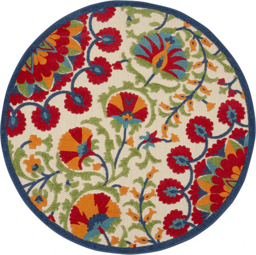 4' Round Red And Ivory Round Floral Indoor Outdoor Area Rug