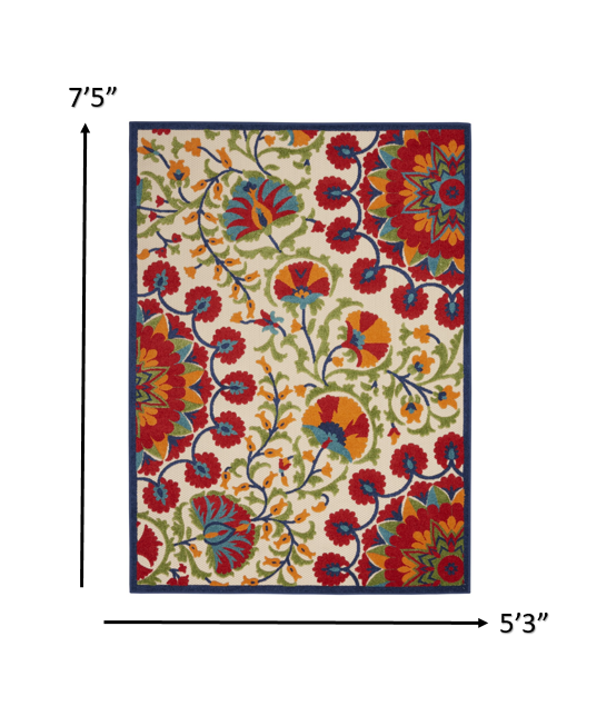 5' X 8' Red And Ivory Floral Indoor Outdoor Area Rug