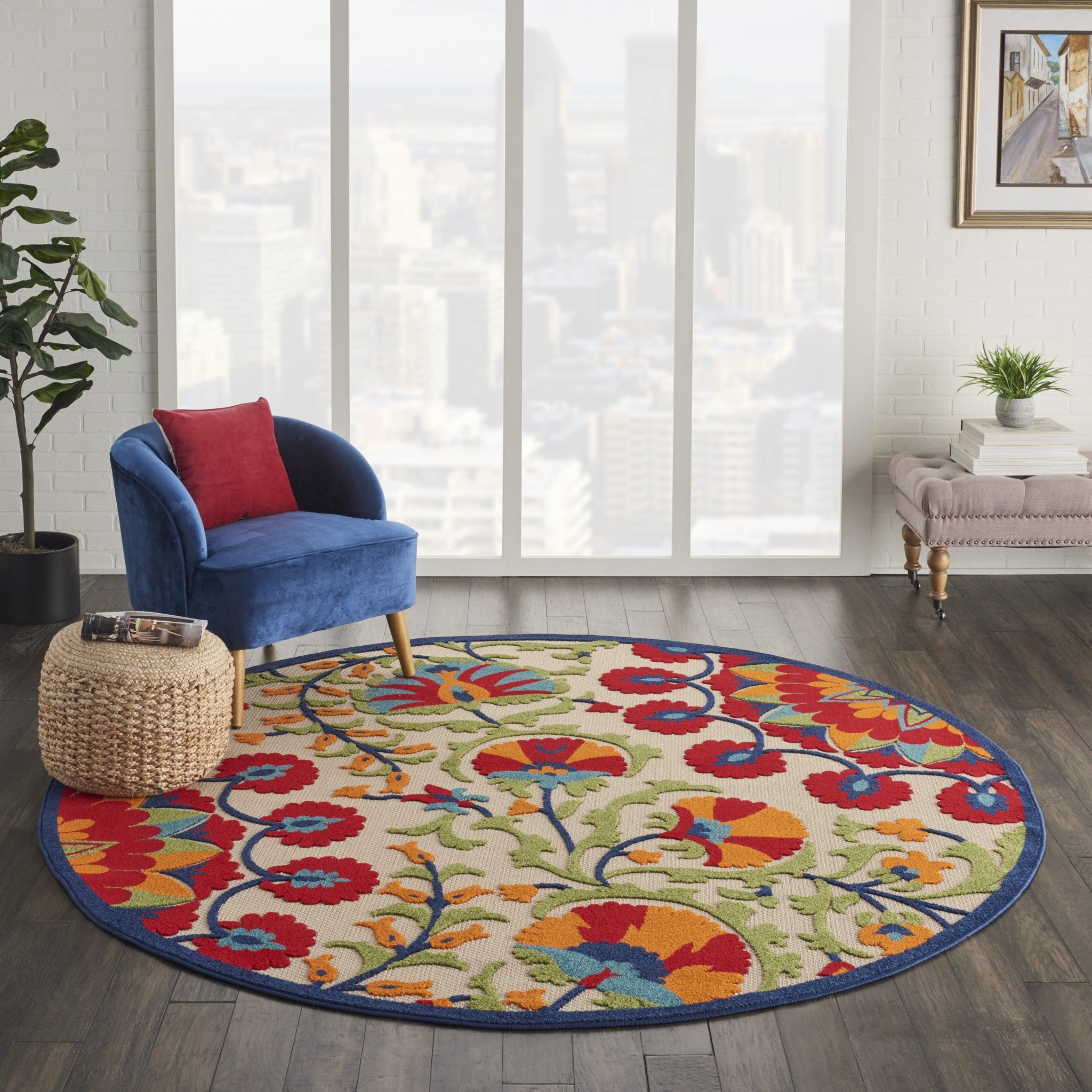 8' Round Red And Ivory Round Floral Indoor Outdoor Area Rug