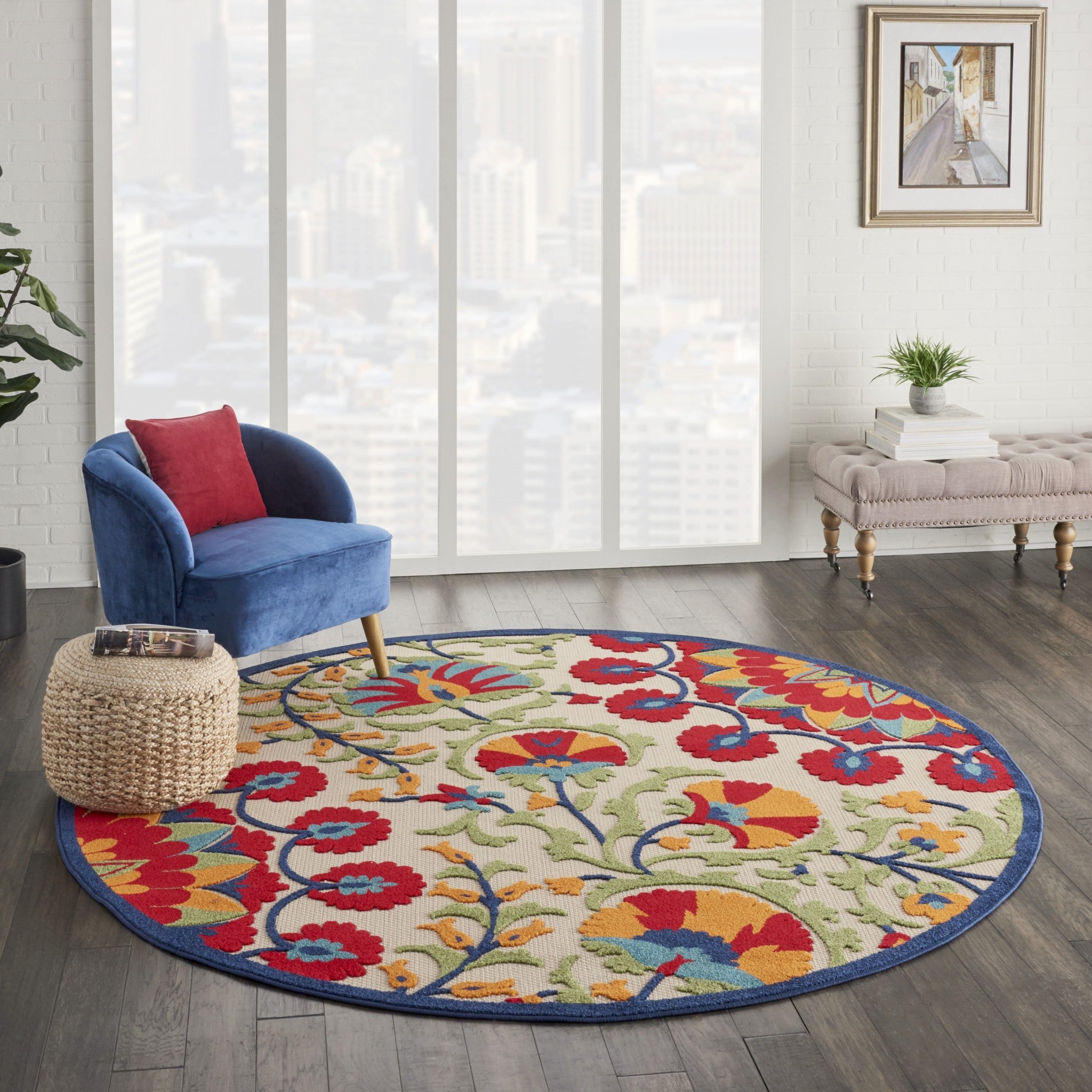 8' Round Red And Ivory Round Floral Indoor Outdoor Area Rug