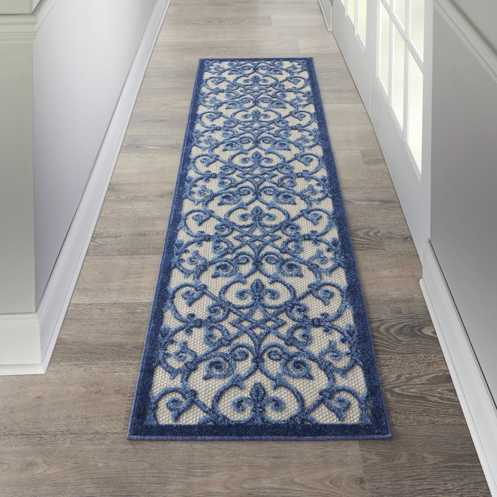 2' X 6' Blue And Gray Floral Indoor Outdoor Area Rug