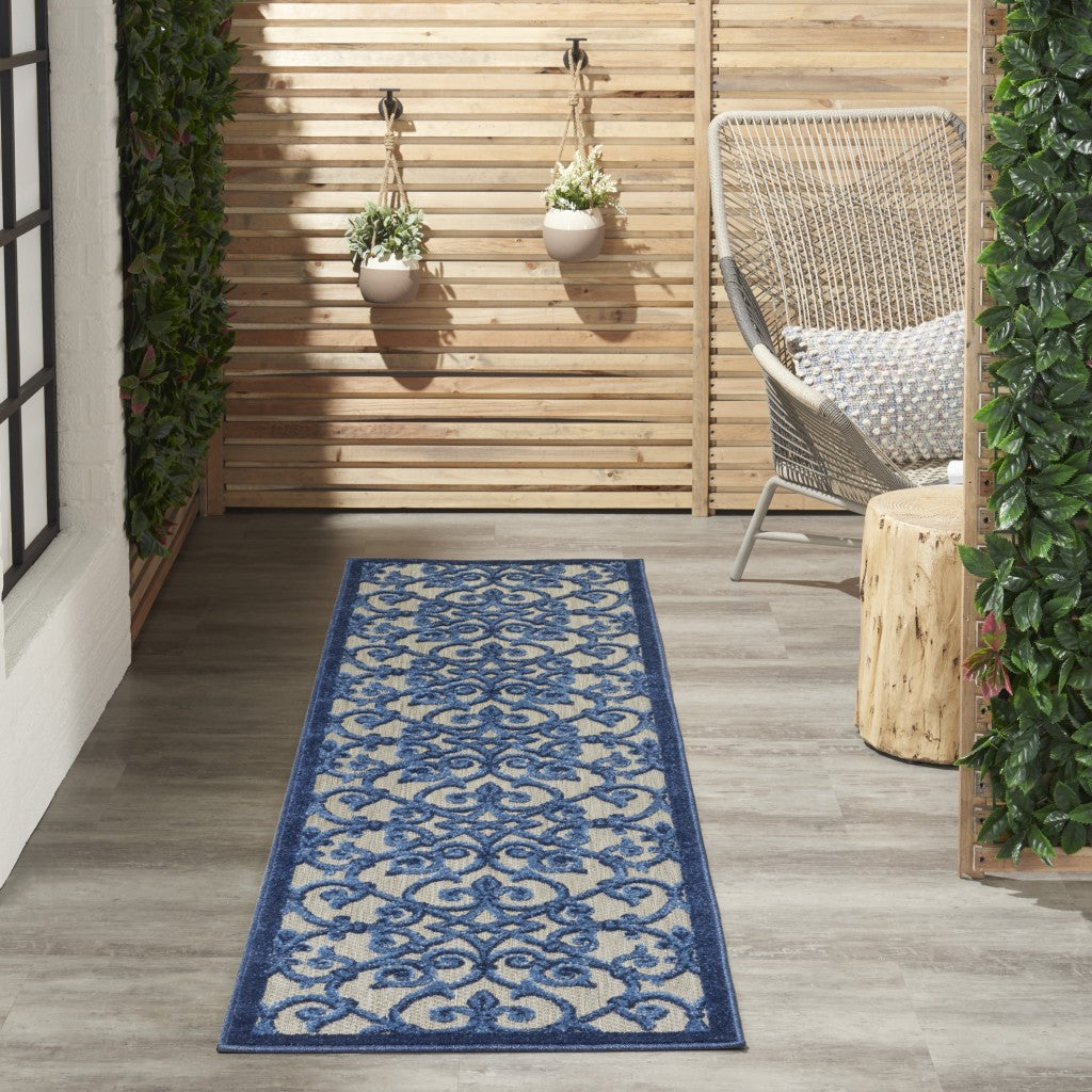 2' X 6' Blue And Gray Floral Indoor Outdoor Area Rug