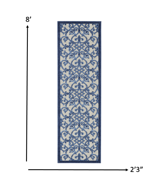 2' X 8' Blue And Gray Floral Indoor Outdoor Area Rug