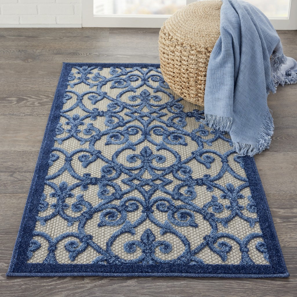 3' X 4' Blue And Gray Floral Indoor Outdoor Area Rug