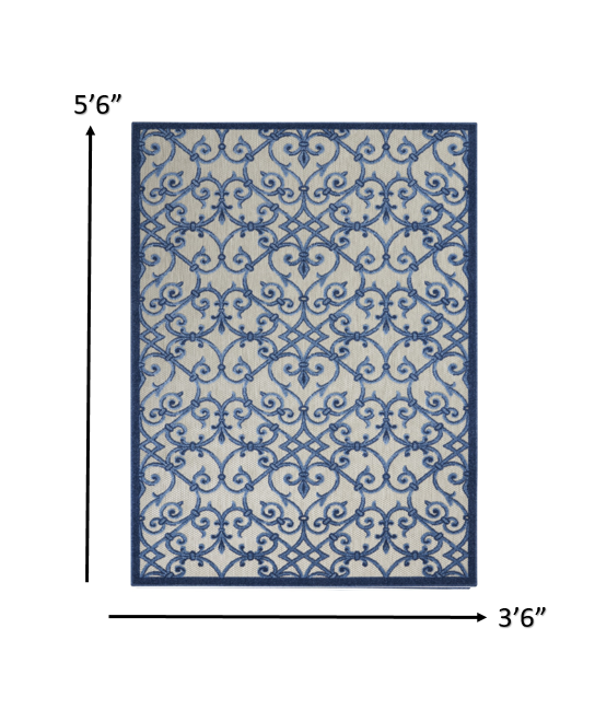 4' X 6' Blue And Gray Floral Indoor Outdoor Area Rug