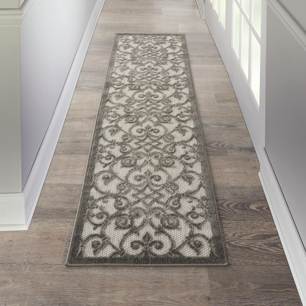 2' X 8' Gray Floral Indoor Outdoor Area Rug