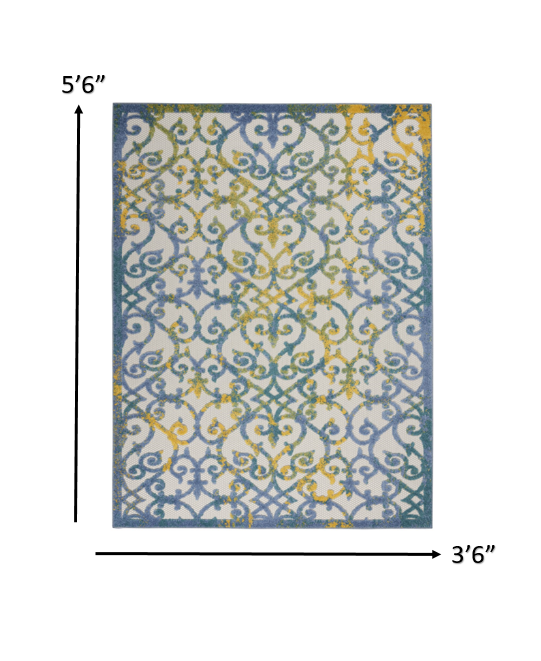 4' X 6' Ivory And Blue Floral Indoor Outdoor Area Rug