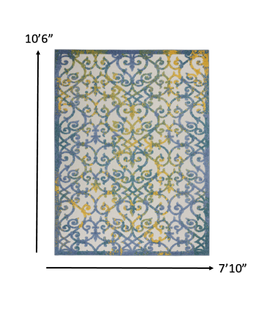 8' X 11' Ivory And Blue Floral Indoor Outdoor Area Rug