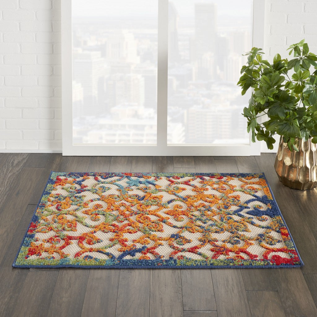 3' X 4' Ivory And Blue Floral Indoor Outdoor Area Rug