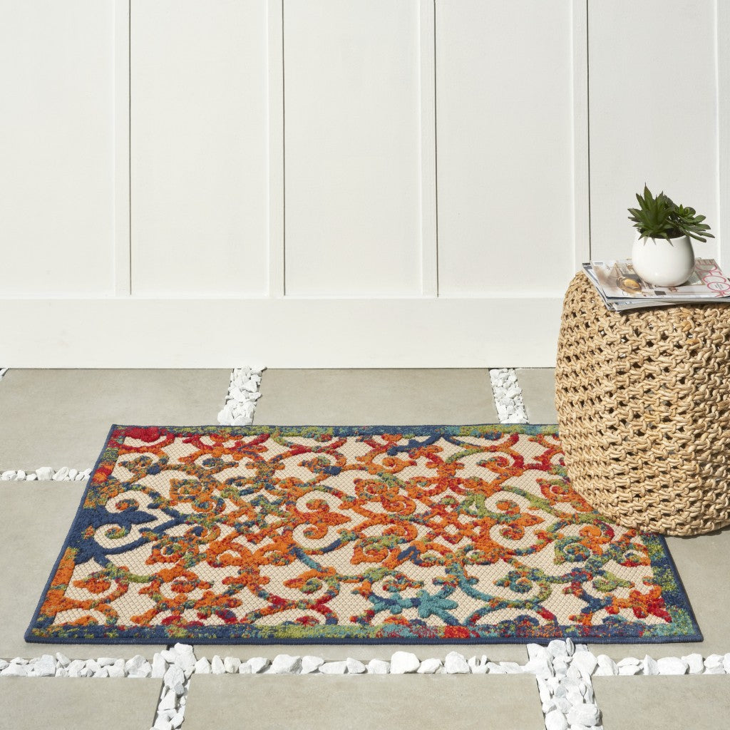 3' X 4' Ivory And Blue Floral Indoor Outdoor Area Rug