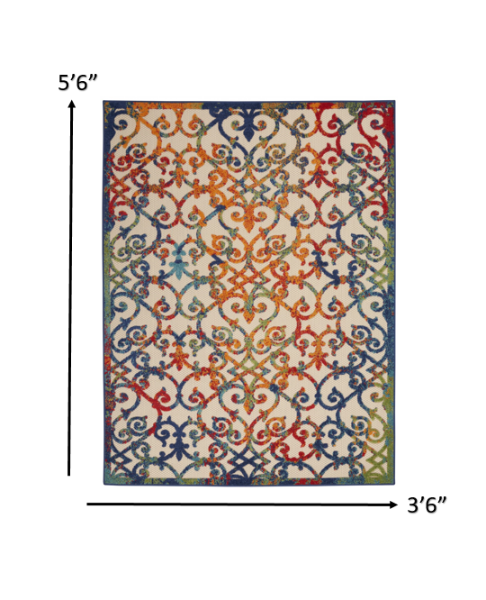 4' X 6' Ivory And Blue Floral Indoor Outdoor Area Rug