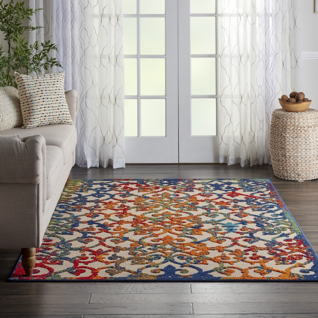 4' X 6' Ivory And Blue Floral Indoor Outdoor Area Rug