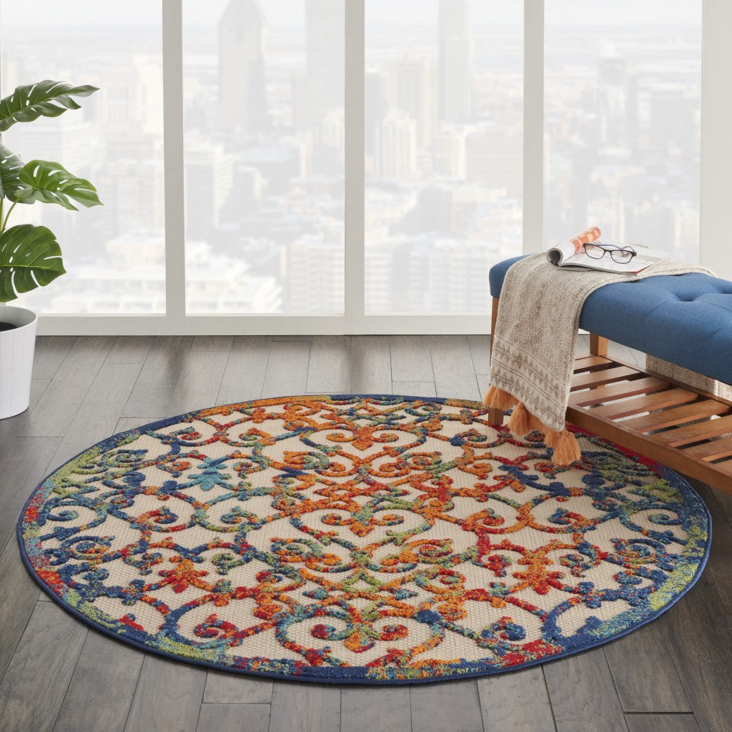 4' Round Ivory And Blue Round Floral Indoor Outdoor Area Rug