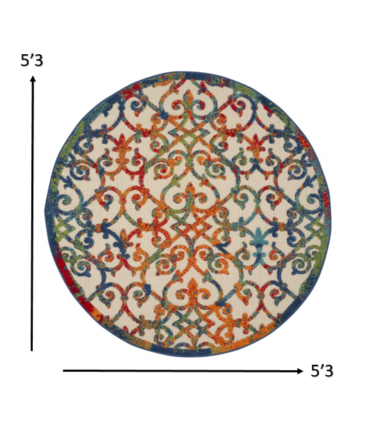 5' Round Ivory And Blue Round Floral Indoor Outdoor Area Rug