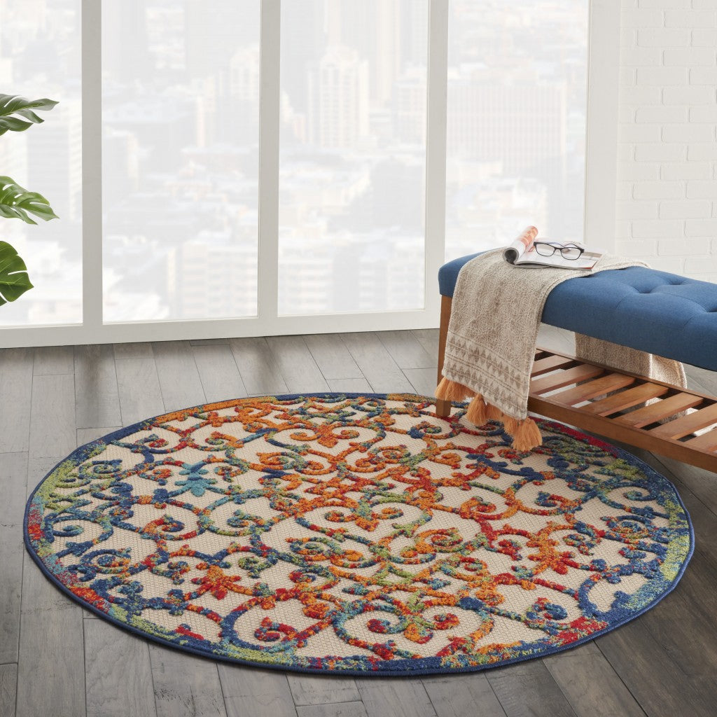 5' Round Ivory And Blue Round Floral Indoor Outdoor Area Rug