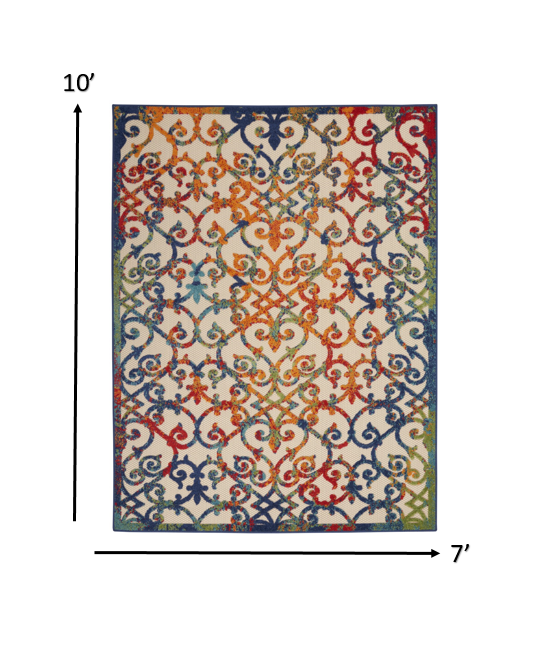 7' X 10' Ivory And Blue Floral Indoor Outdoor Area Rug