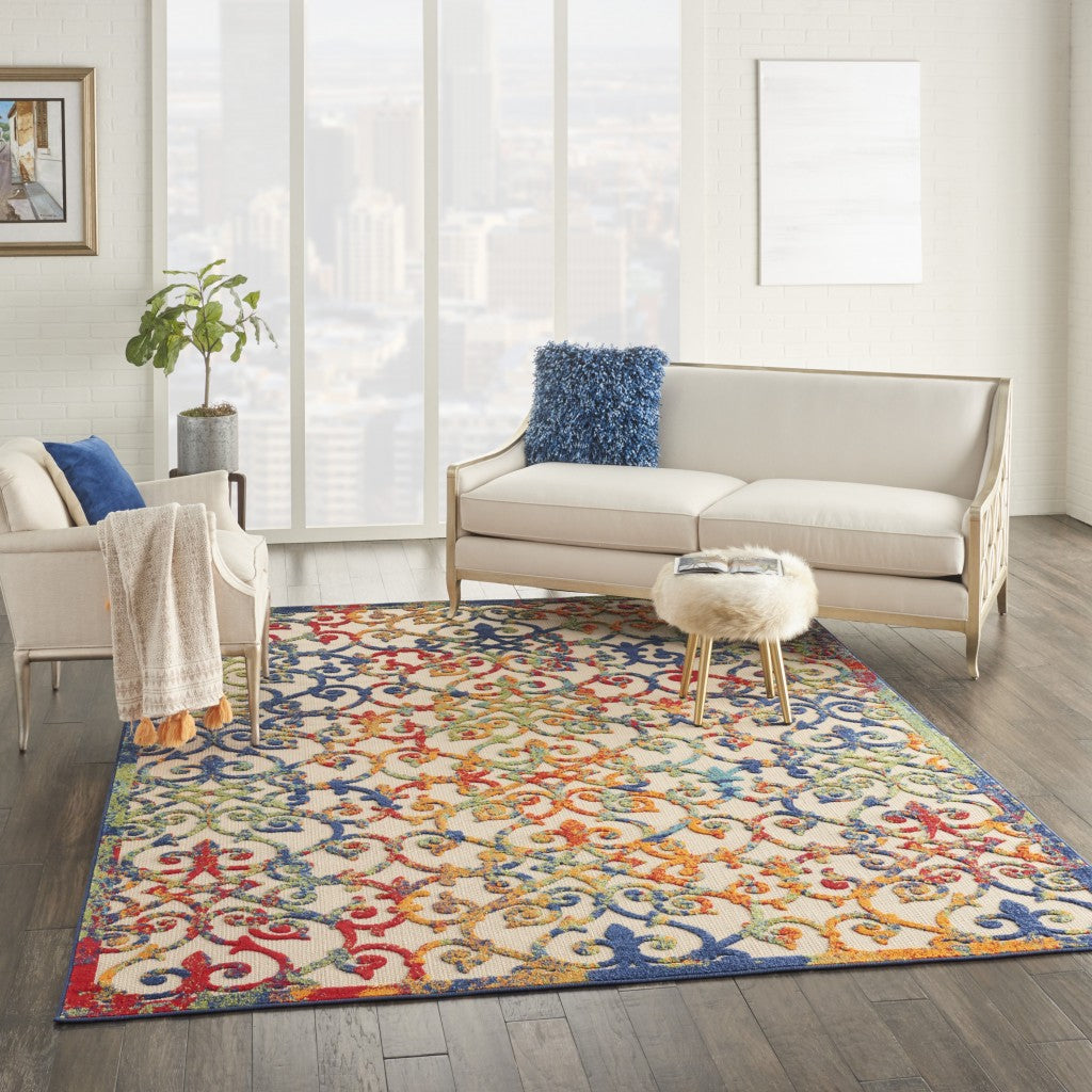 8' X 11' Ivory And Blue Floral Indoor Outdoor Area Rug