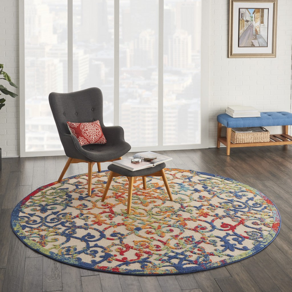 8' Round Ivory And Blue Round Floral Indoor Outdoor Area Rug