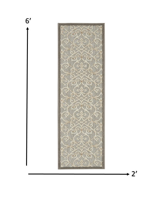 2' X 6' Gray And Ivory Floral Indoor Outdoor Area Rug