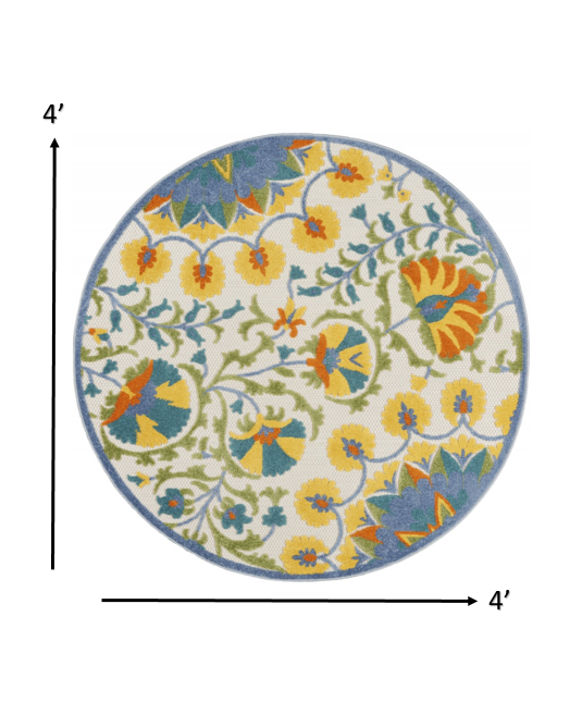 4' Round Ivory And Blue Round Floral Indoor Outdoor Area Rug