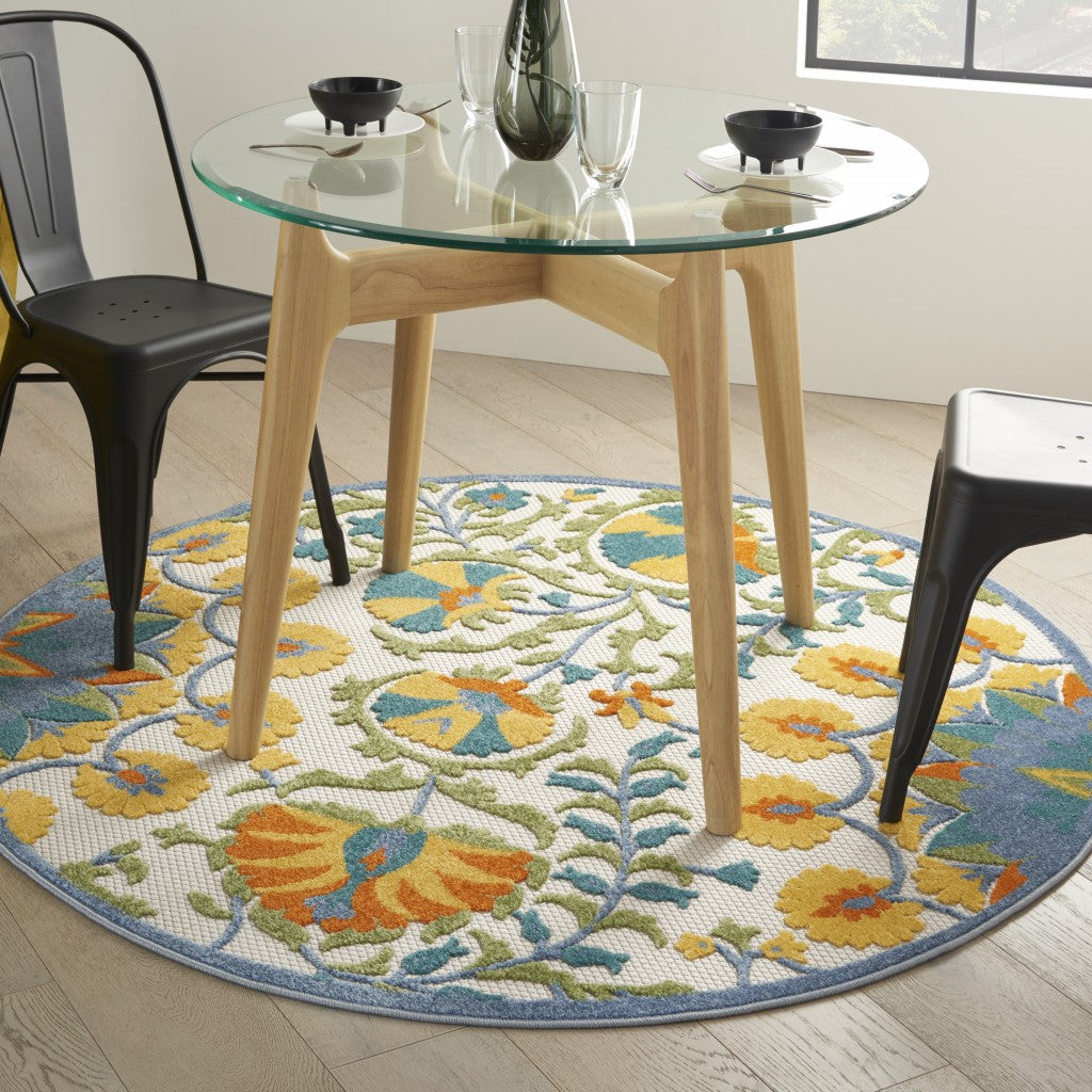 4' Round Ivory And Blue Round Floral Indoor Outdoor Area Rug