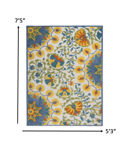 5' X 8' Ivory And Blue Floral Stain Resistant Indoor Outdoor Area Rug