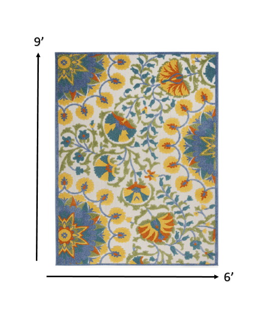 6' X 9' Ivory And Blue Floral Stain Resistant Indoor Outdoor Area Rug