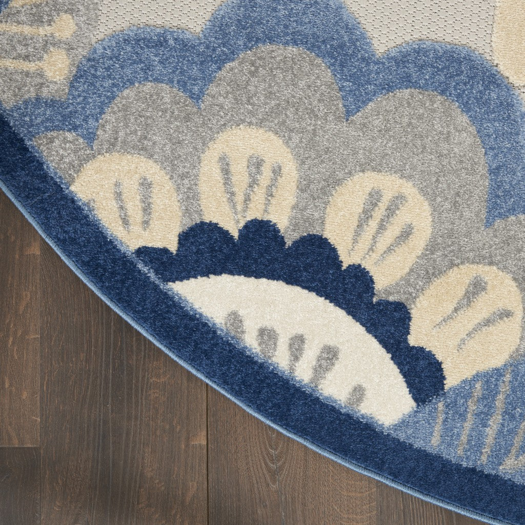 4' Round Blue And Gray Round Floral Indoor Outdoor Area Rug