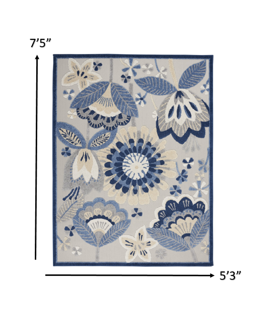 5' X 8' Blue And Gray Floral Indoor Outdoor Area Rug