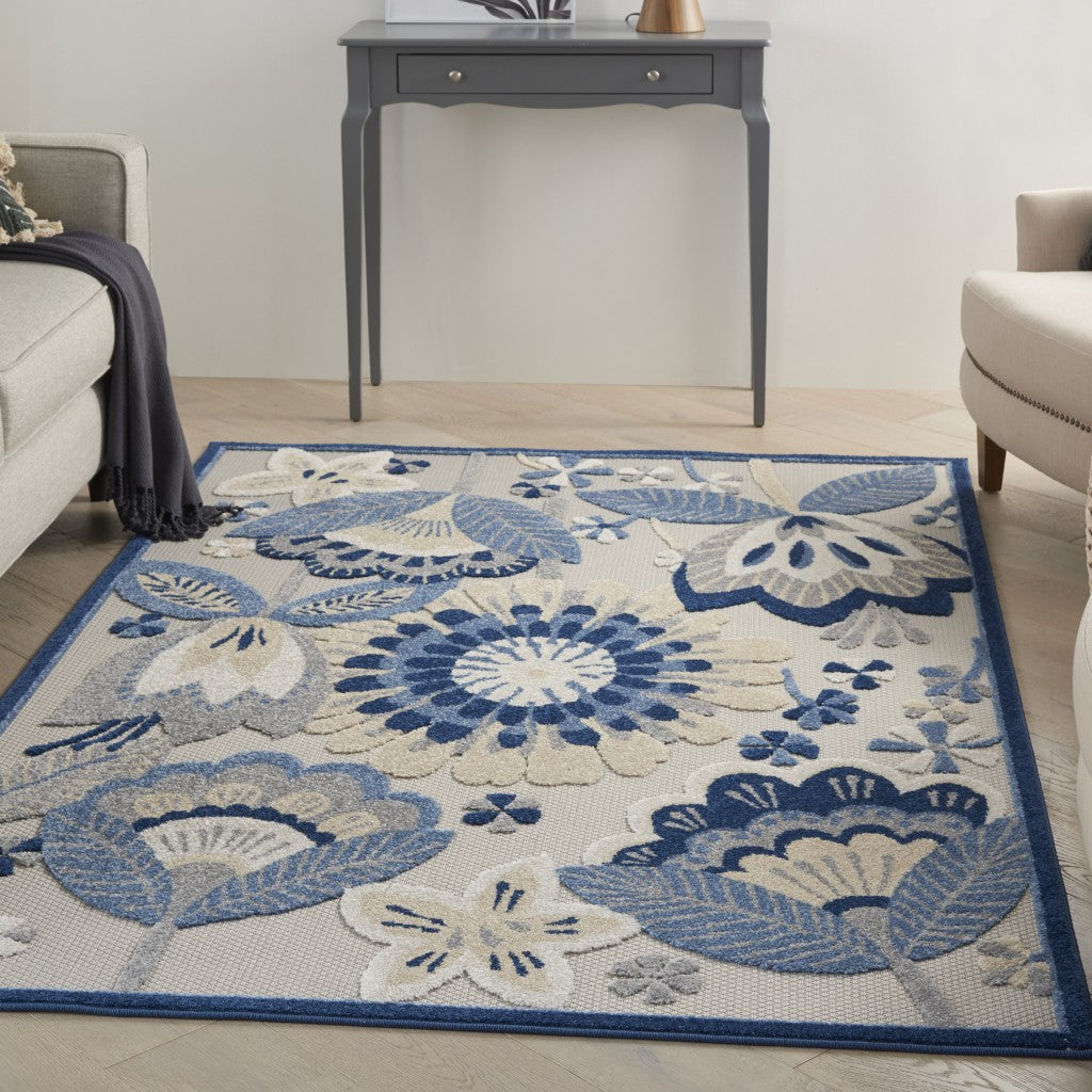 6' X 9' Blue And Gray Floral Indoor Outdoor Area Rug