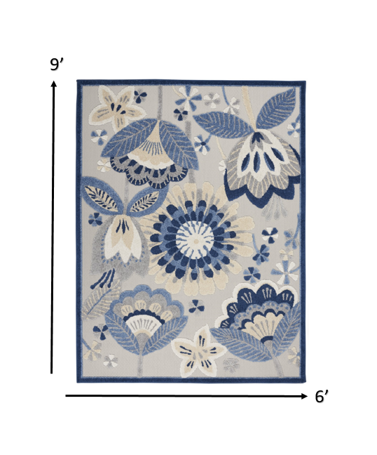 6' X 9' Blue And Gray Floral Indoor Outdoor Area Rug