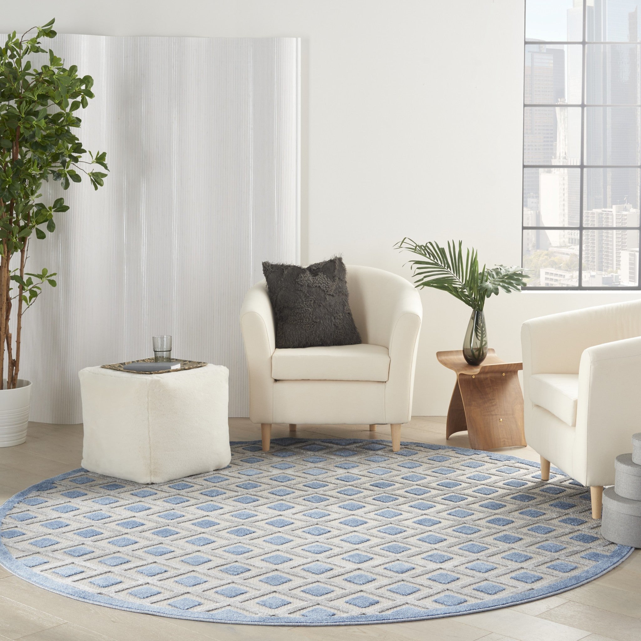 8' Round Blue And Gray Round Geometric Indoor Outdoor Area Rug