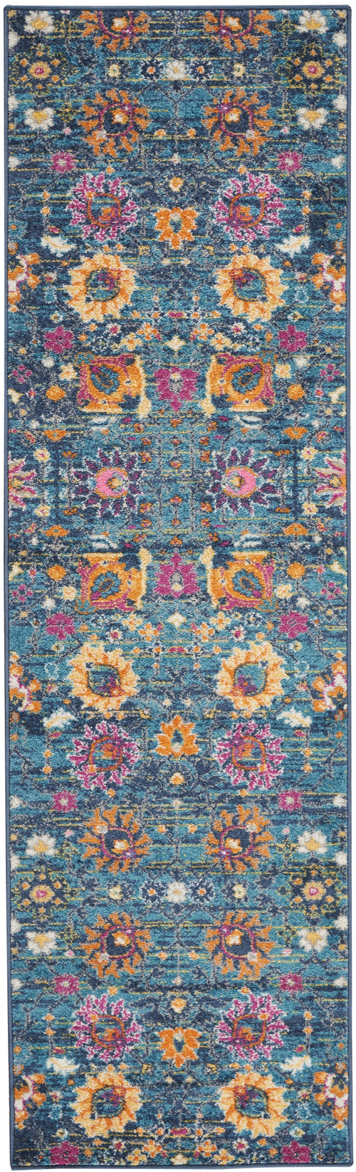 10' Blue And Orange Floral Power Loom Runner Rug