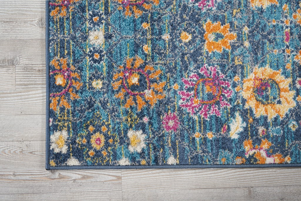 10' Blue And Orange Floral Power Loom Runner Rug