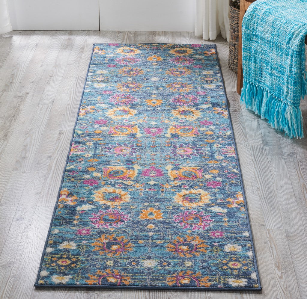 10' Blue And Orange Floral Power Loom Runner Rug