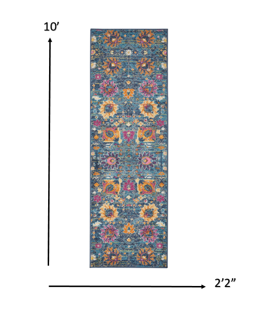 10' Blue And Orange Floral Power Loom Runner Rug