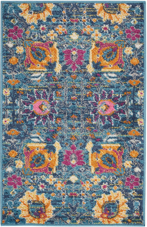 2' X 3' Blue And Orange Floral Power Loom Area Rug