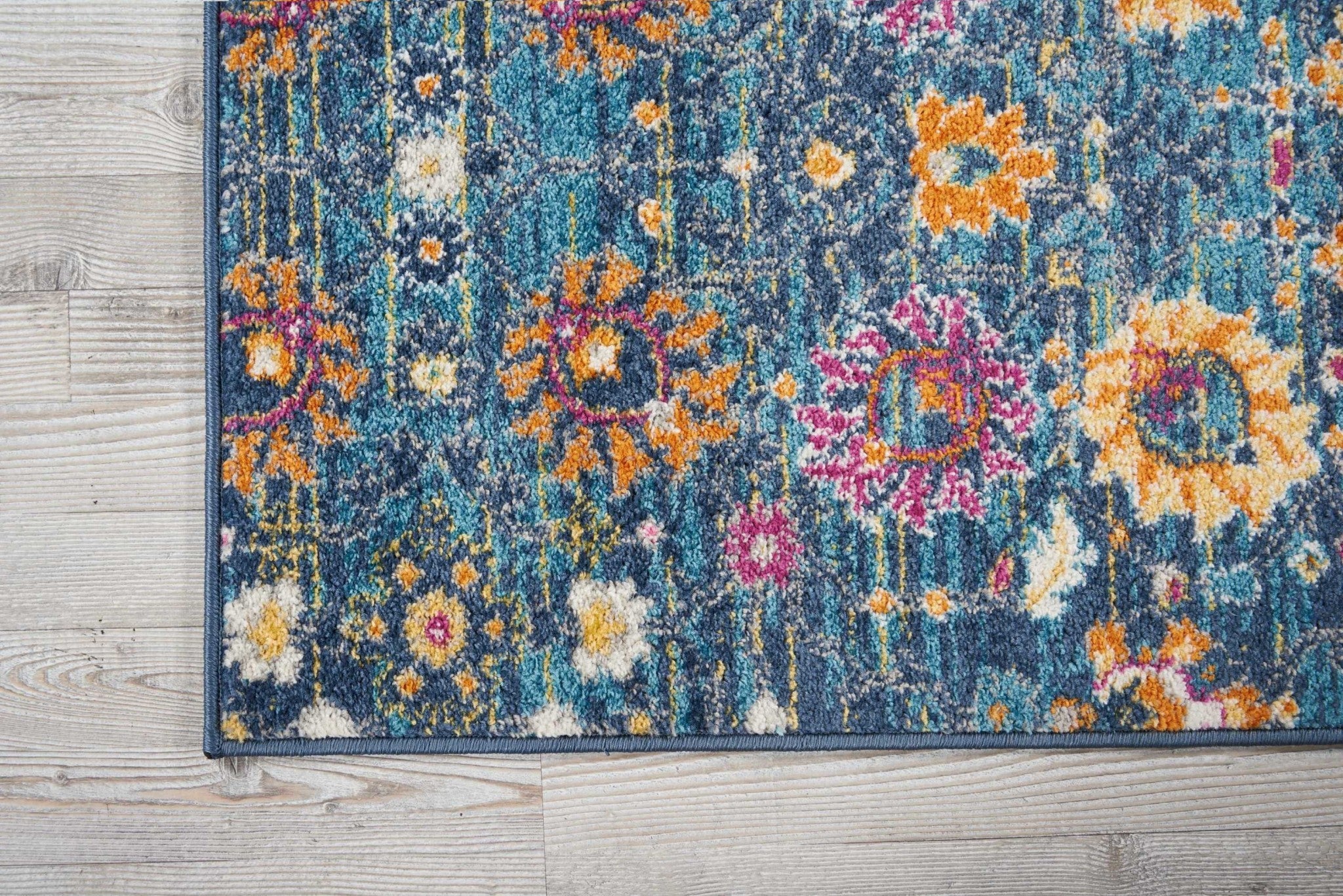 8' Blue And Orange Floral Power Loom Runner Rug