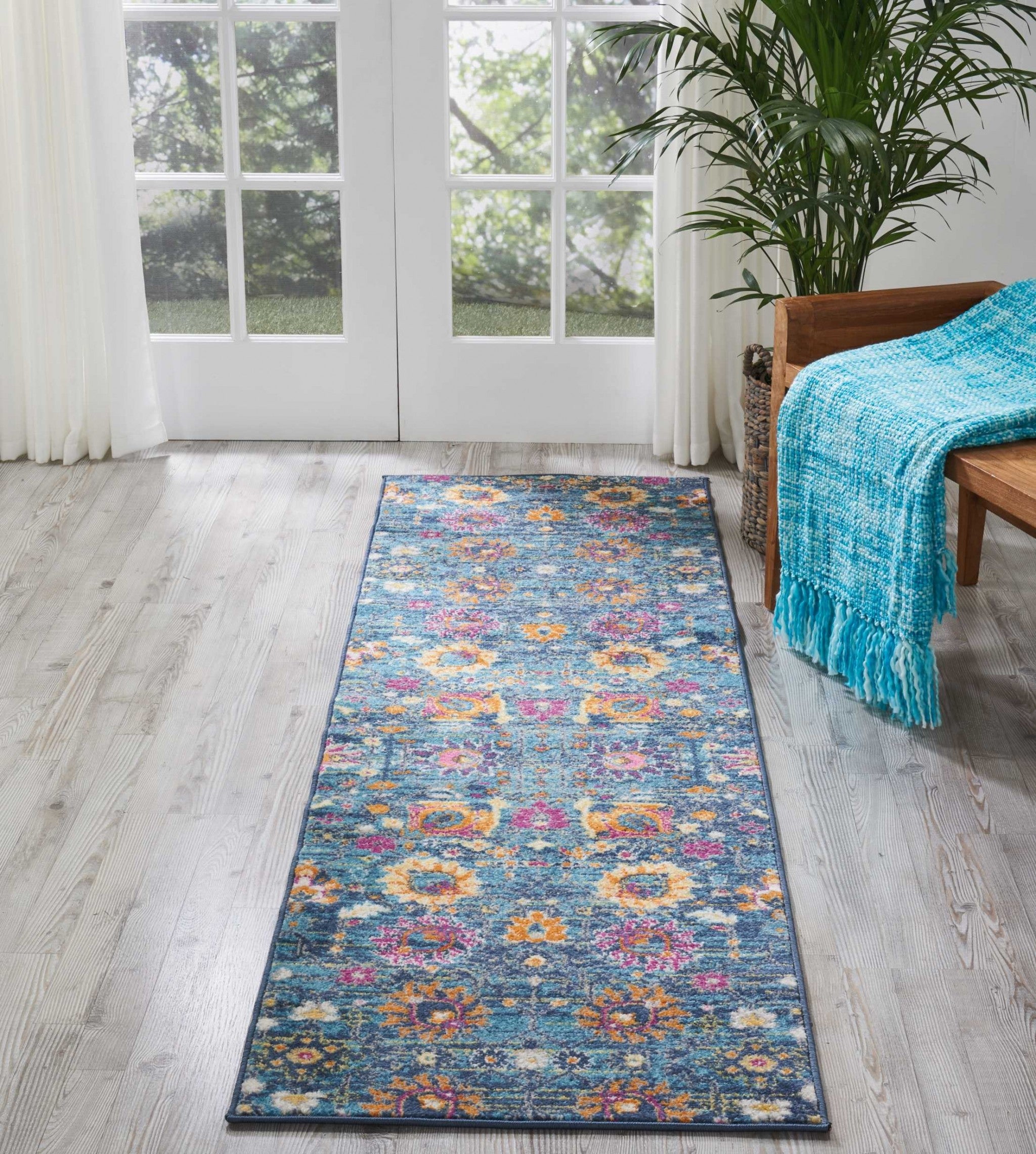 8' Blue And Orange Floral Power Loom Runner Rug