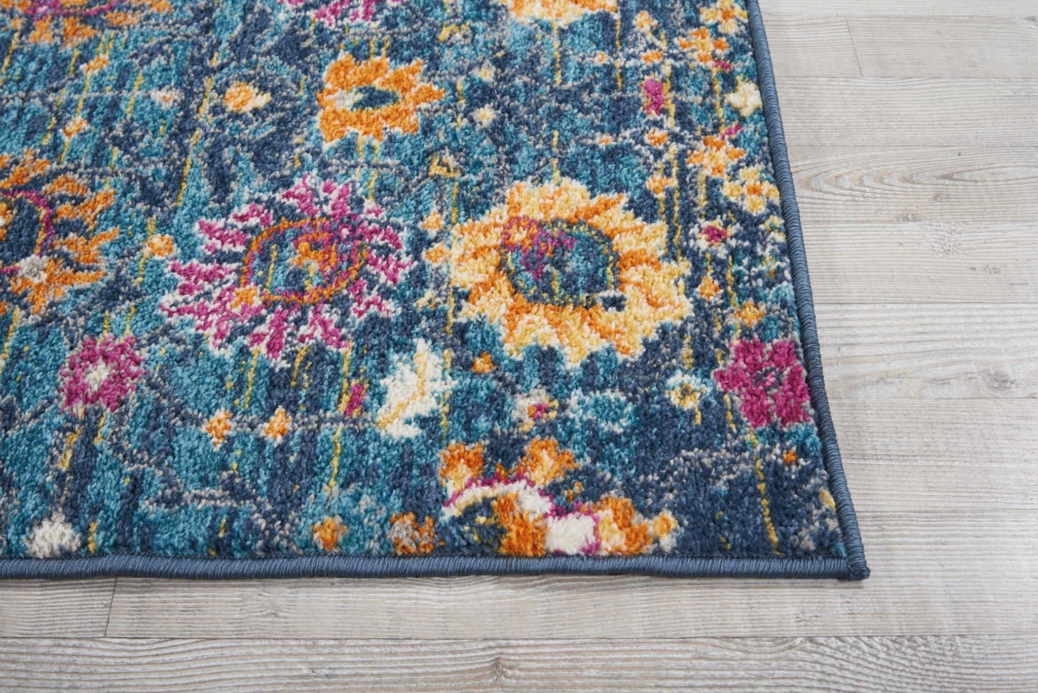 8' Blue And Orange Floral Power Loom Runner Rug