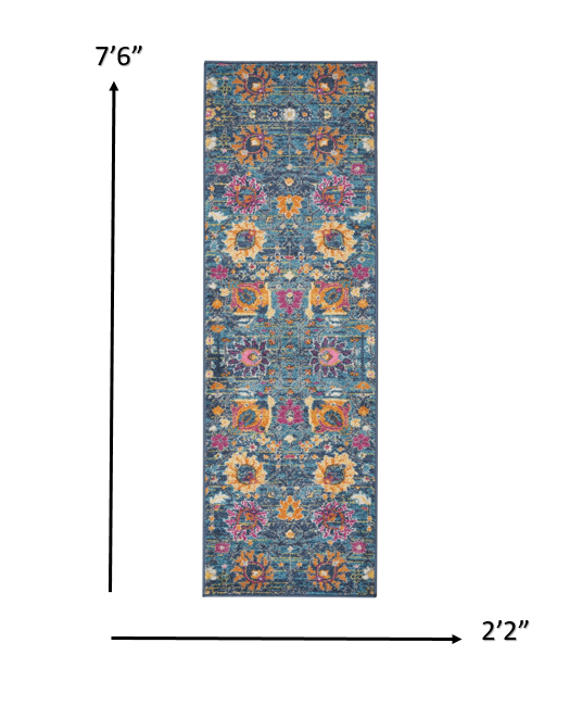 8' Blue And Orange Floral Power Loom Runner Rug