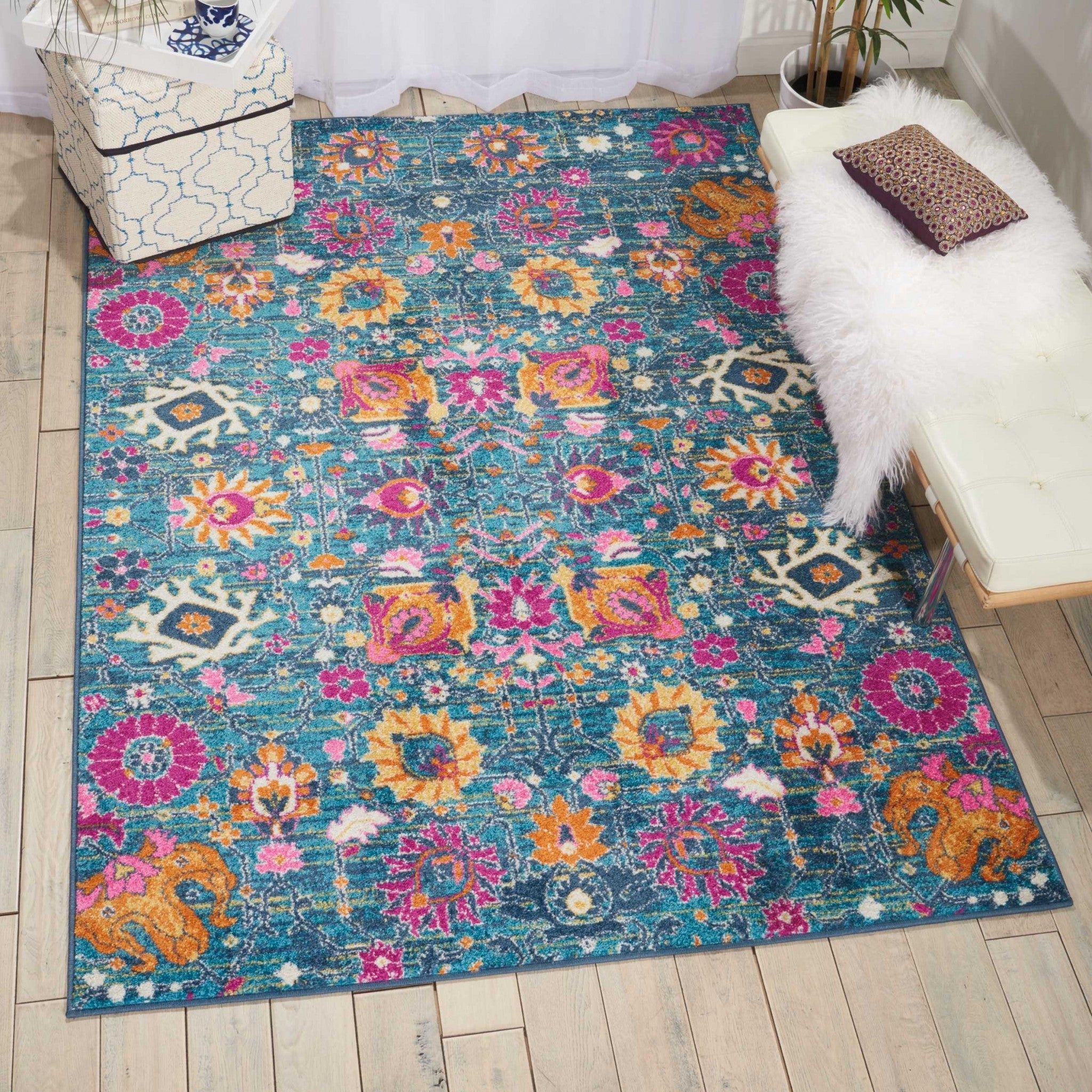 4' X 6' Blue And Orange Floral Power Loom Area Rug