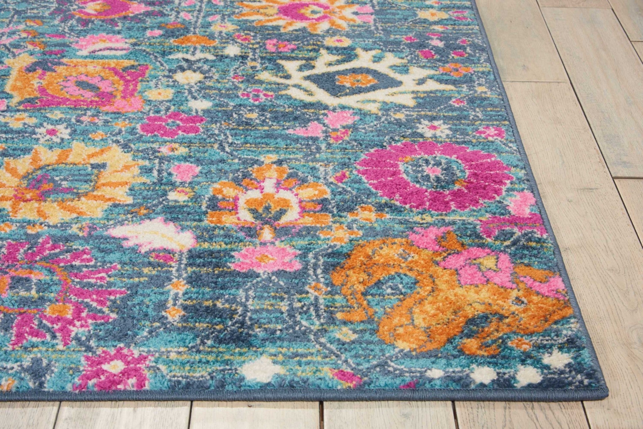 4' X 6' Blue And Orange Floral Power Loom Area Rug