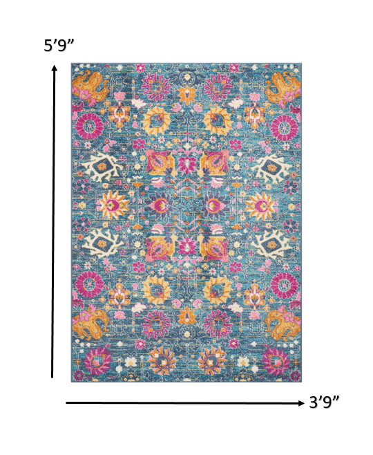 4' X 6' Blue And Orange Floral Power Loom Area Rug