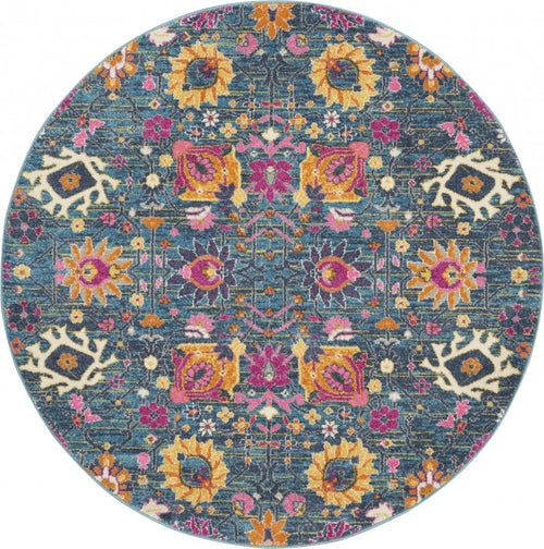 4' Blue And Orange Round Floral Power Loom Area Rug