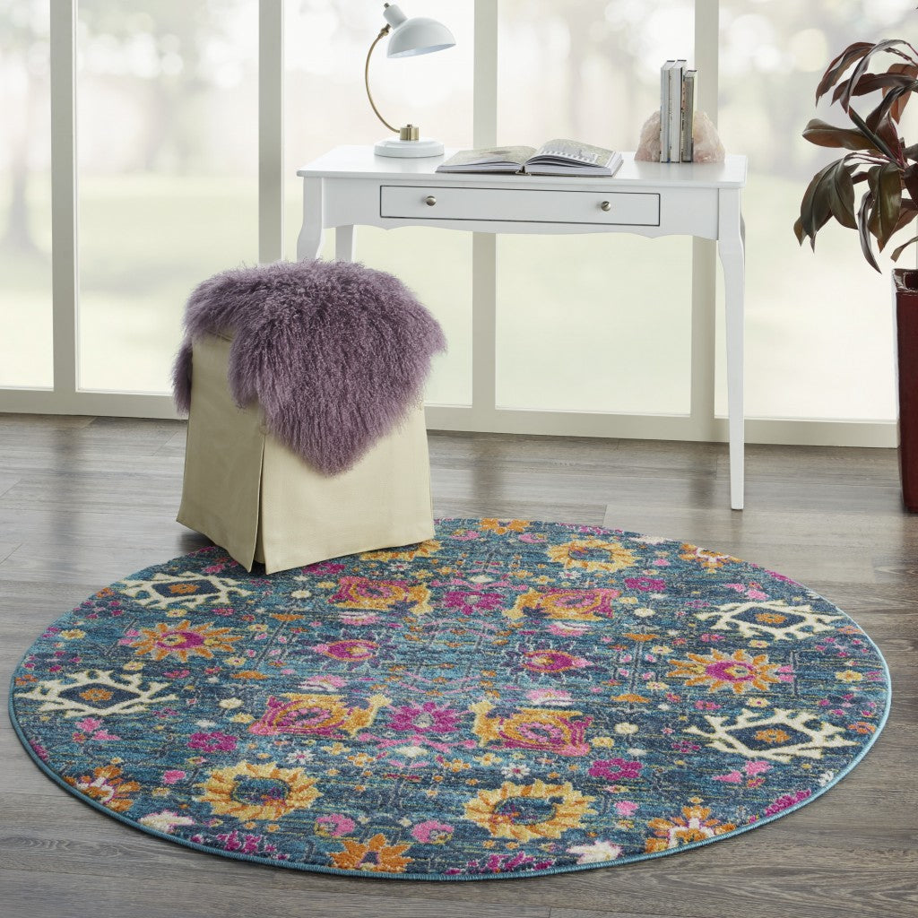 4' Blue And Orange Round Floral Power Loom Area Rug