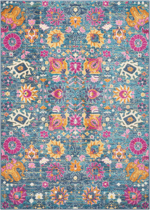 5' X 7' Blue And Orange Floral Power Loom Area Rug