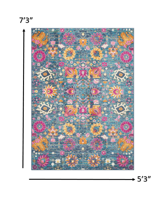 5' X 7' Blue And Orange Floral Power Loom Area Rug