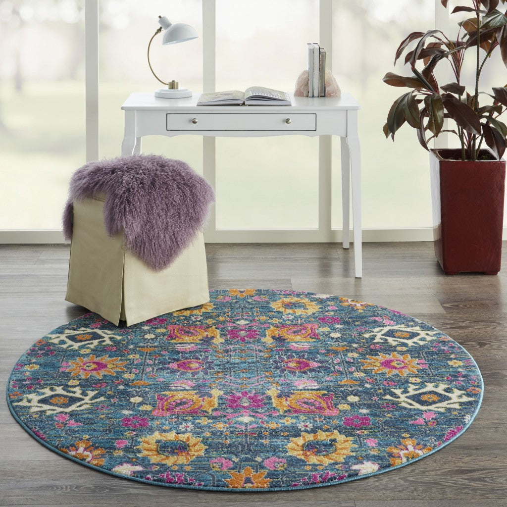 5' Blue And Orange Round Floral Power Loom Area Rug